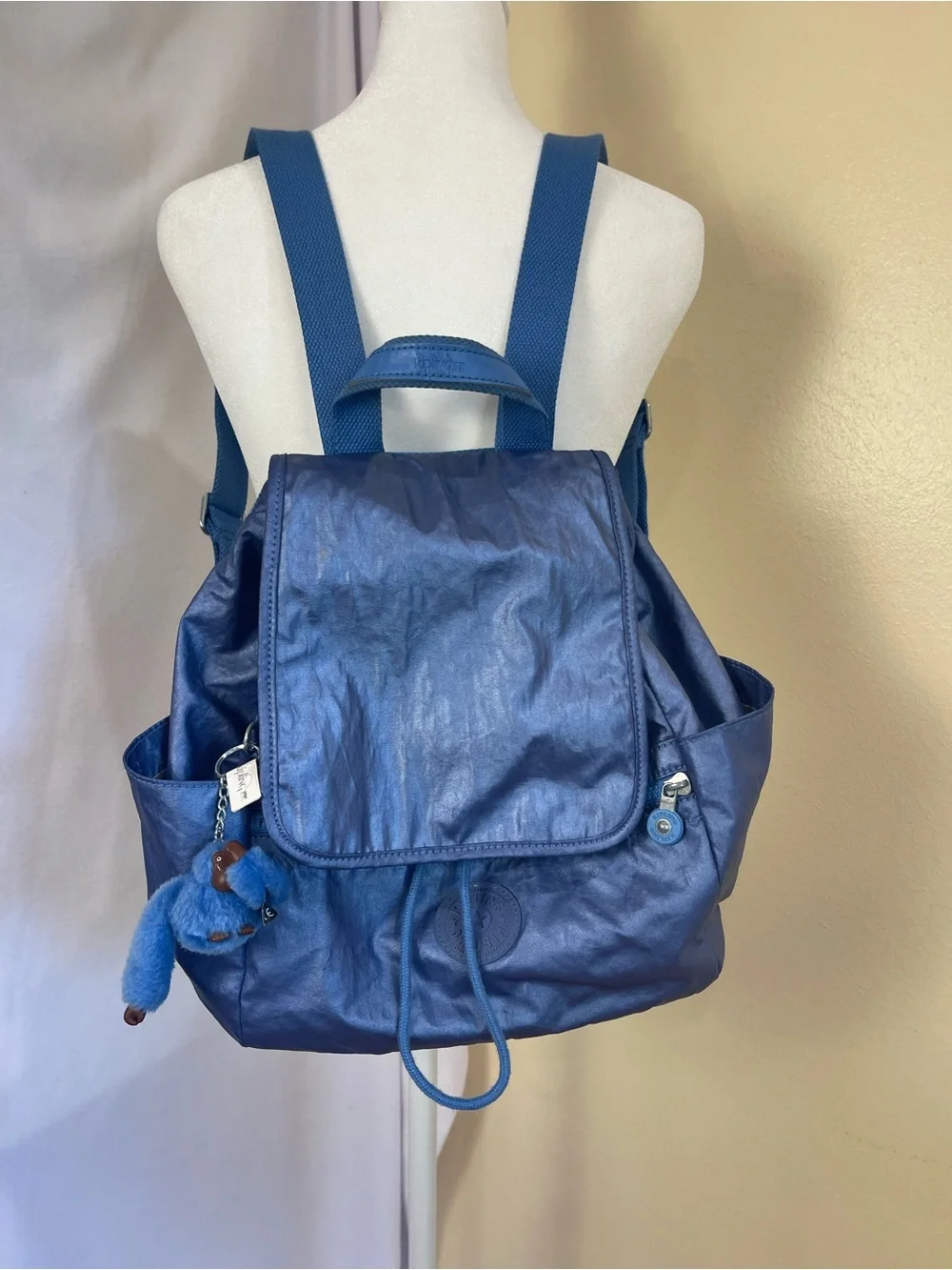 Kipling City Pack Metallic Blue Backpack Small Slouchy Y2K Monkey Charm Nylon